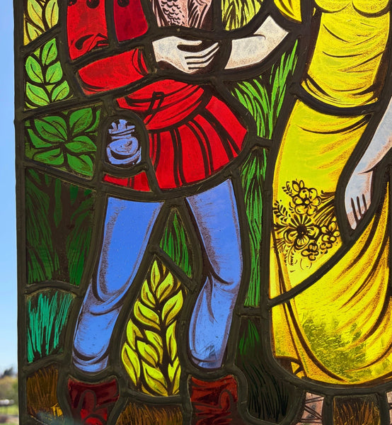 20" Tall Vintage Belgian/Flanders Stained/Leaded Glass Panel of Thyl and Nele