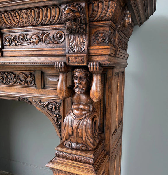 XL Vintage Renaissance Revival Oak Fireplace Surround/Mantel w/Carved Figures