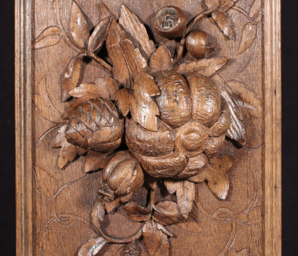 14" Tall French Antique Solid Oak Panel Highly Carved Harvest Theme