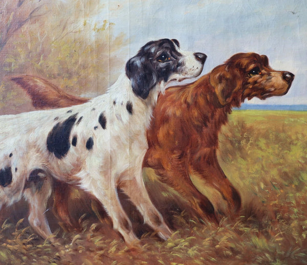 28" Wide Antique Oil Painting of Two Hunting Dogs By Paul Schouten (1860-1922)