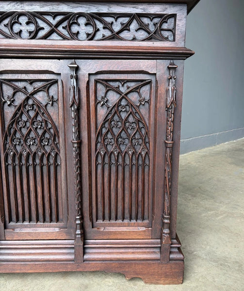 Antique French Gothic Revival Cabinet/Console/Sideboard, Highly Carved Oak
