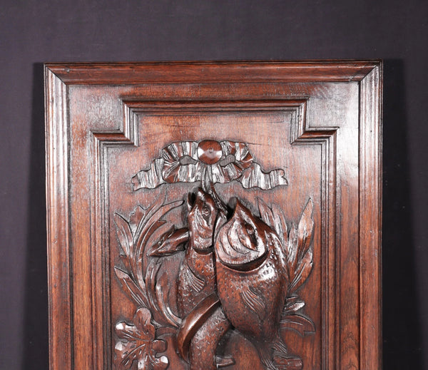 24" Tall French Antique Solid Oak Panel Highly Carved Hunting Theme with Fish