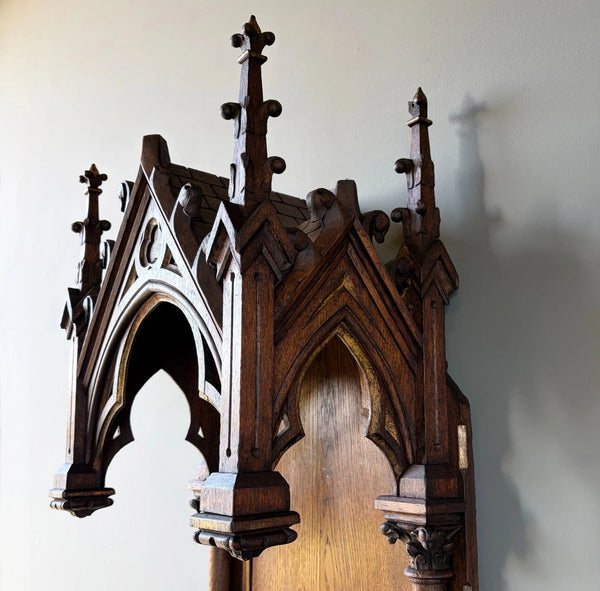 57" Tall French Antique Neo Gothic Solid Oak Highly Carved Wall Niche/Shrine