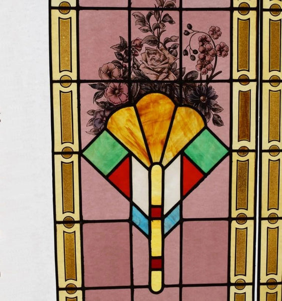 69" Pair of Vintage French Art Deco Stained Glass Windows w/Hand Painted Flowers
