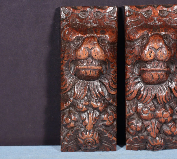Pair of 8" French Antique Highly Carved Lion Corbels/Trim/Brackets Solid Oak