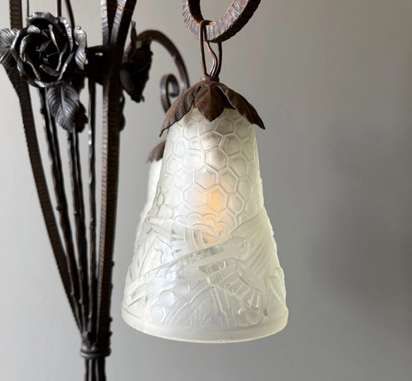 33" Tall Antique French Iron Art Deco Chandelier with Frosted Glass and Roses