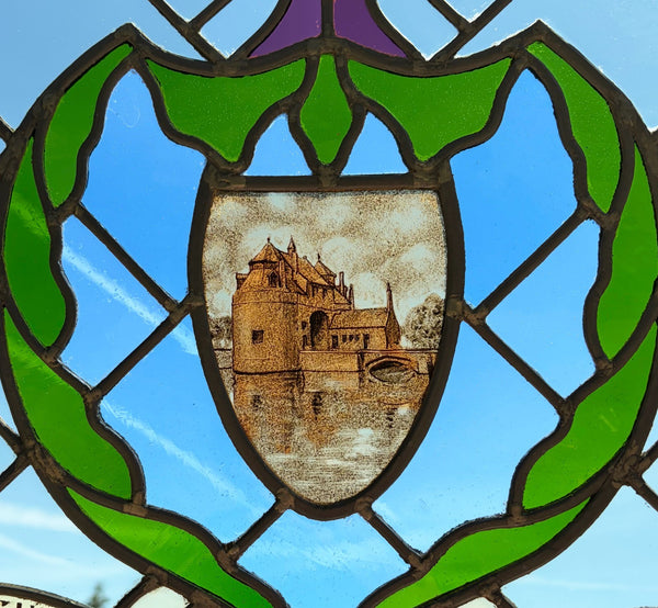 31" Tall Vintage Belgian/Flanders Stained/Leaded Glass Panel of Bruges Belgium