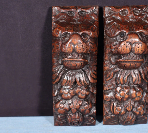 Pair of 8" French Antique Highly Carved Lion Corbels/Trim/Brackets Solid Oak