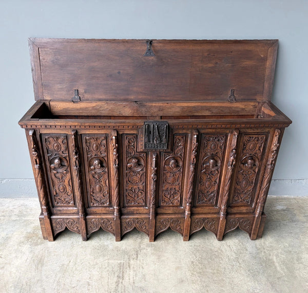 Antique French Renaissance Chest/Trunk/Sideboard Solid Oak w/Detailed Carvings