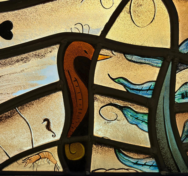 Vintage Dutch Stained/Leaded Glass Panel by Lea Steppe Sea Life Themed