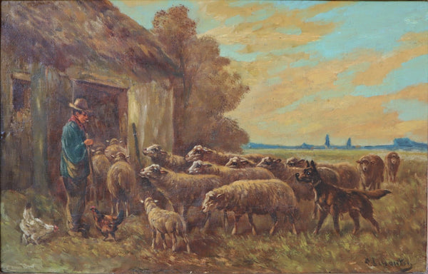 Antique Oil on Canvas Painting of a Farmer & Sheep by Paul Schouten (1860-1922)