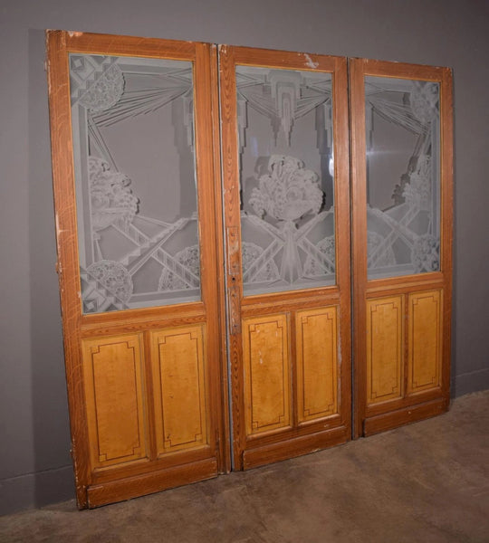 Set Antique French Art Deco Etched Glass Doors Frosted Glass with Pine Frames