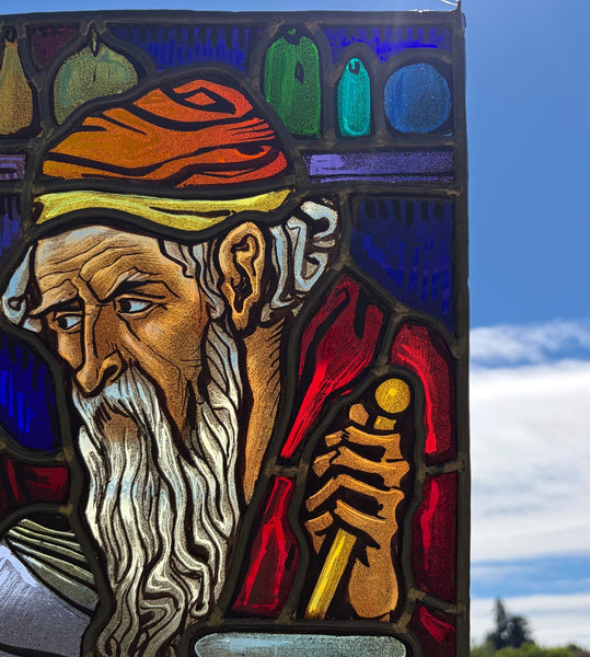 13" Tall Vintage Belgian Stained/Leaded Glass Panel Of an Alchemist by AR 1956