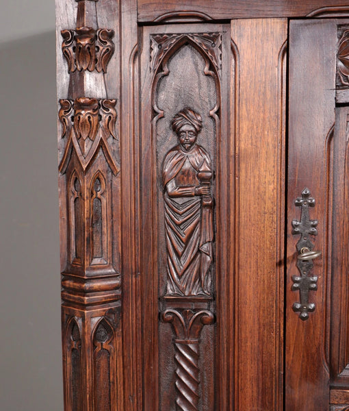 Antique French Gothic Revival Cabinet/Bar Cabinet in Highly Carved Chestnut Wood