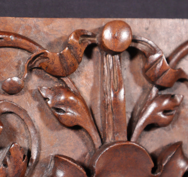 15" Tall Antique French Solid Walnut Wood Panel with Highly Carved Devil/Face
