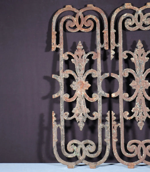 32" Tall Pair of Large French Antique Cast Iron Window Grilles Panels