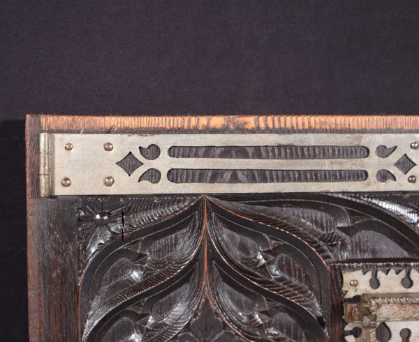 Antique French Solid Chestnut Wood Carved Gothic Door w/Faux Hinges and Latch