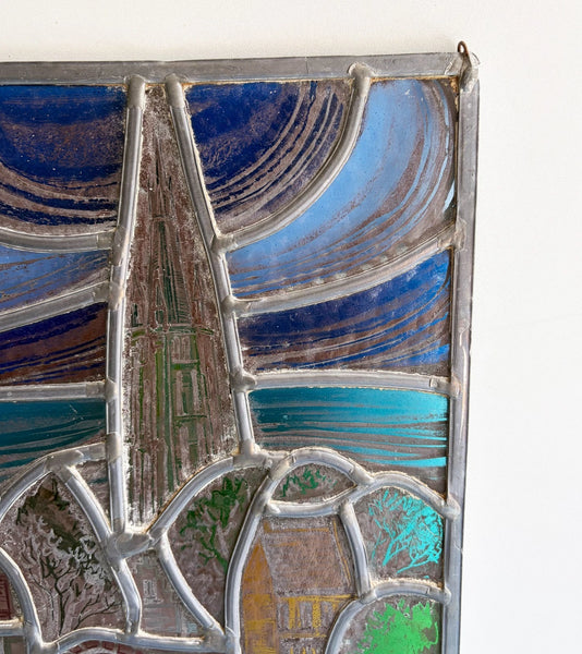 14" Tall Vintage Belgian/Flanders Stained/Leaded Glass Panel of Bruges Belgium