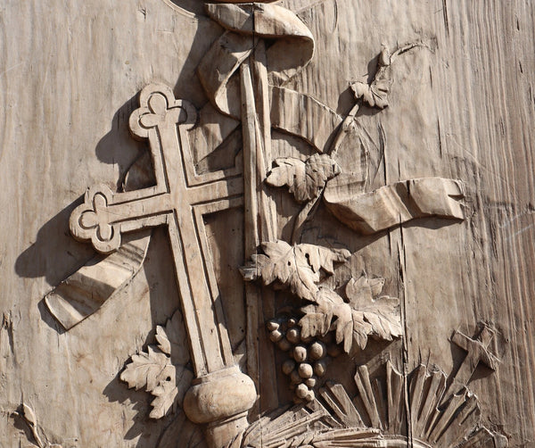 89" Tall Antique French Solid Walnut and Oak w/Crucifix Christian Altar Panel
