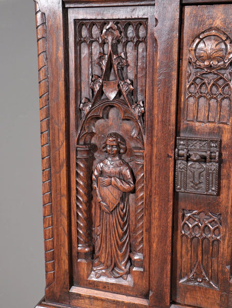 63" Tall Antique French Gothic Revival Cabinet Highly Carved in Solid Oak Wood