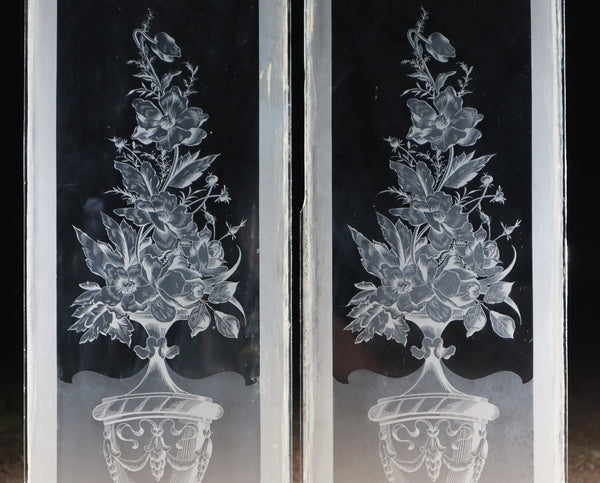 56" Tall Pair of Antique French Etched Glass Windows Frosted Glass with Flowers