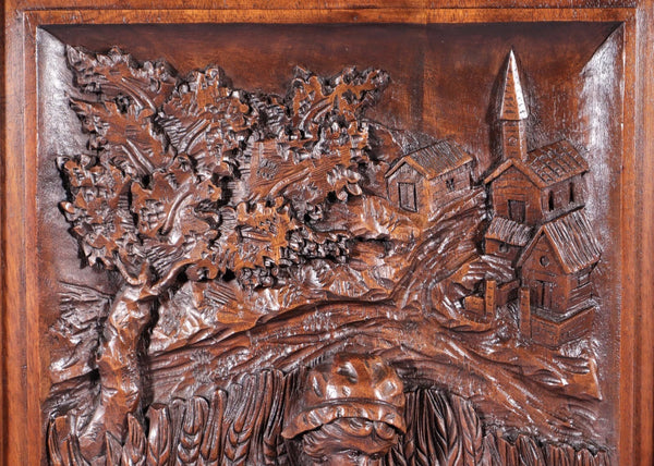 Antique French Solid Walnut Wood Highly Carved Panel w/Woman Harvesting Wheat