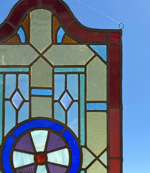 27" Tall French Antique Religious Stained/Leaded Glass Panel from a Church