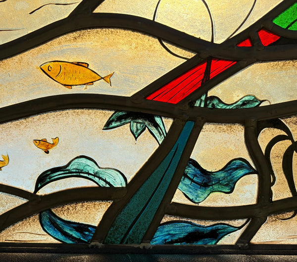 Vintage Dutch Stained/Leaded Glass Panel by Lea Steppe Sea Life Themed