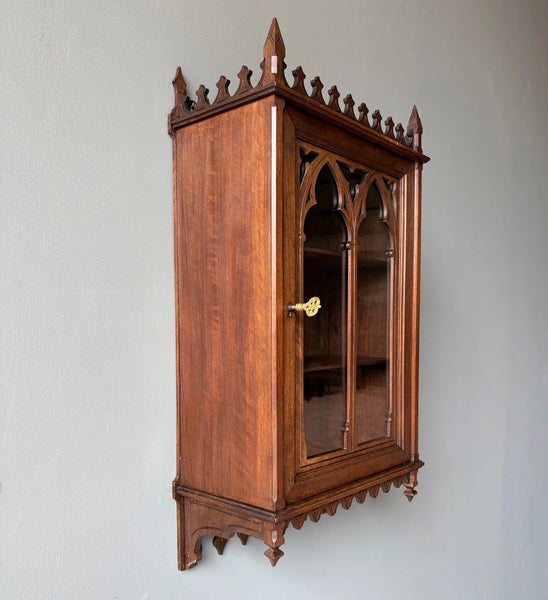 French Antique Gothic Revival Solid Oak and Walnut Wood Bar or Wall Cabinet