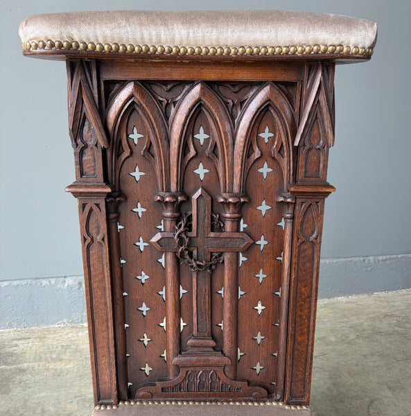 Antique French Solid Oak Wood Church Prie Dieu/Kneeler Christian Highly Carved
