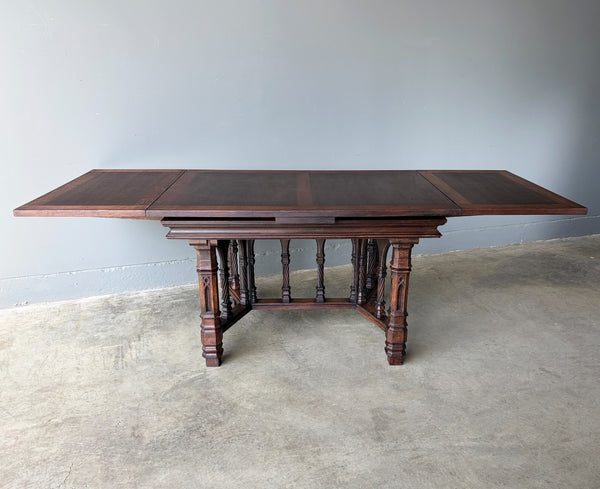 Vintage French Gothic Dining Table in Solid Oak Wood with Highly Detailed Base
