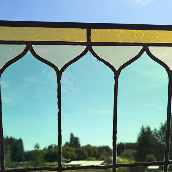 43" Tall Pair of Antique French Stained Glass Window Panels Green & Yellow Glass
