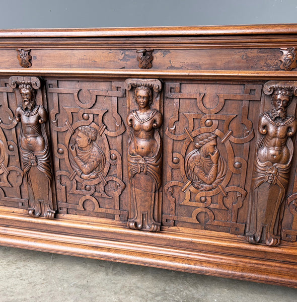 Antique French Renaissance Chest/Trunk/Sideboard Solid Walnut Detailed Carvings