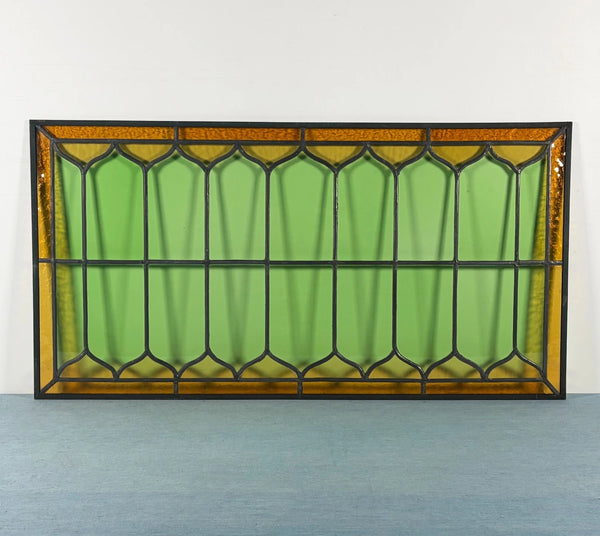 40" Wide Antique French Stained Glass Window Panel with Green & Yellow Glass