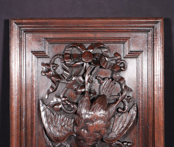 24" Tall French Antique Solid Oak Panel Highly Carved Hunting Theme with Bird