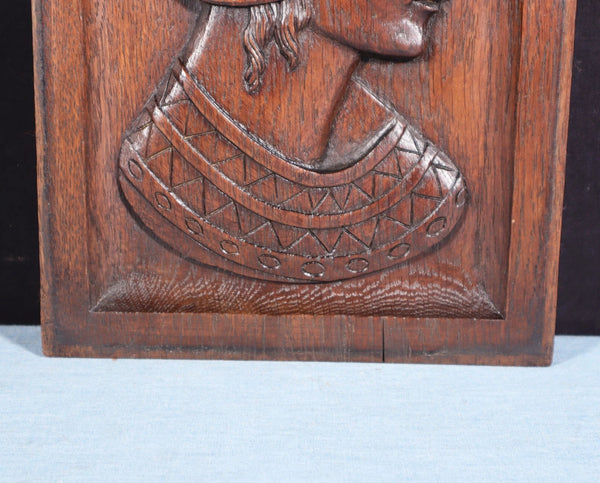 12" Tall Antique French Solid Oak Wood Hand Carved Portrait Profile of a Woman