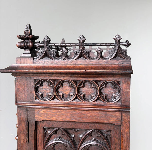 67" Tall French Antique Gothic Cabinet in Solid Oak Highly Carved Wood