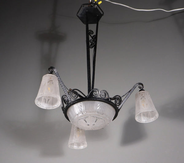 Antique French Art Deco Chandelier with Frosted Glass and Iron by Muller Freres