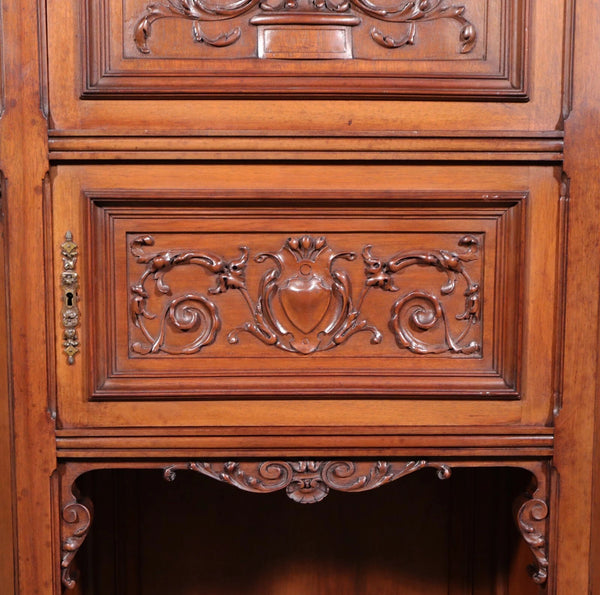 71" Tall Antique French Solid Walnut Wood Highly Carved Renaissance Cabinet