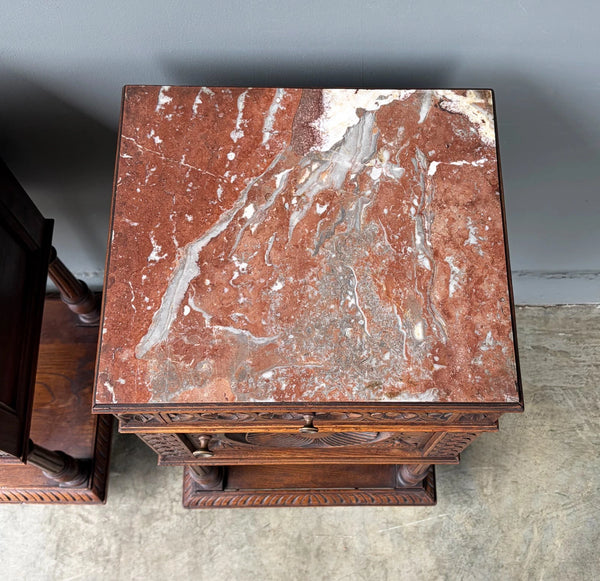 Pair of 34" Tall Antique French Breton Nightstands with Marble Tops in Chestnut