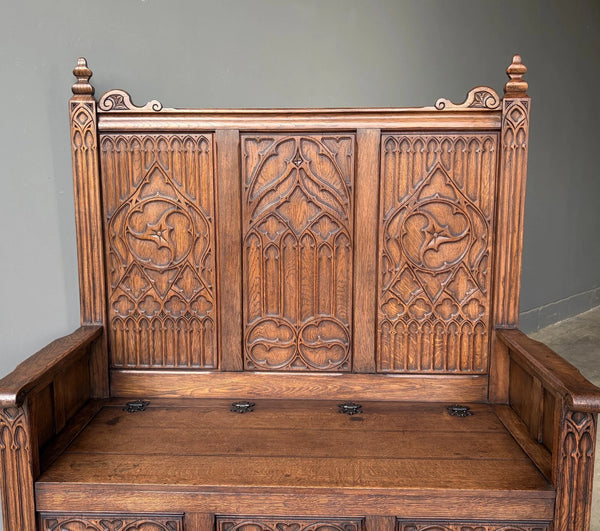 Vintage French Gothic Revival Oak Wood Bench/Settee/Chair Highly Carved