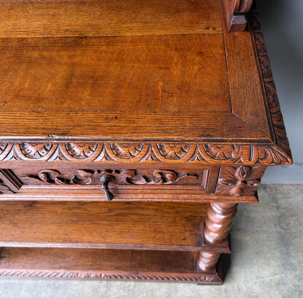 Antique French Renaissance Sideboard/Buffet in Solid Oak Highly Carved Wood