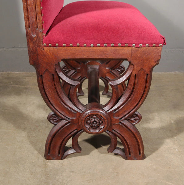 Antique Gothic Priest's Pulpit/Sanctuary Chair Set In Solid Oak and Red Velvet