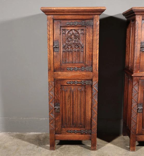 50" Tall Pair of Vintage French Solid Oak Wood Highly Carved Gothic Cabinets