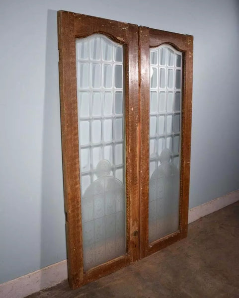 75" Tall Pair of Antique French Etched Glass Windows Frosted Glass Salvage