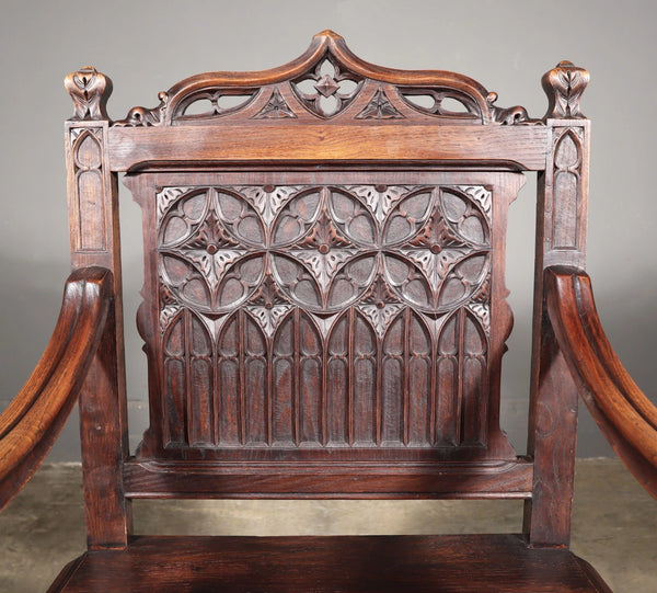 Share French Antique Gothic Revival Chestnut Arm Chair Carved Wood Desk Chair