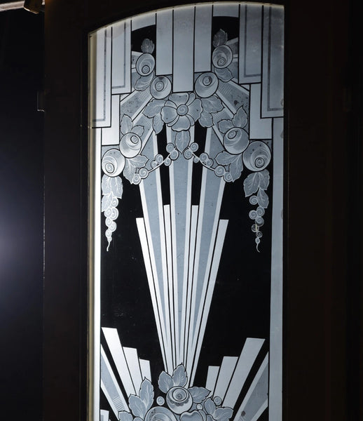 Pair of French Art Deco Etched Glass Doors Frosted Glass with Pine Frames