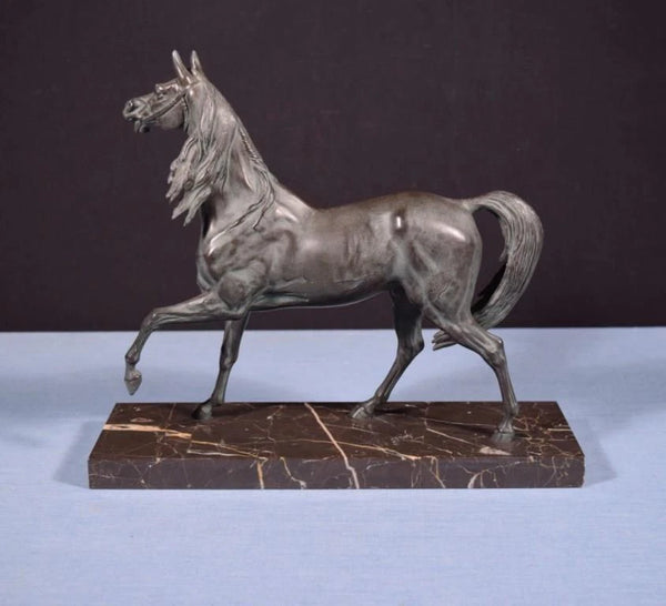 12" Tall Antique French Spelter Life Like Horse Statue with Black Marble Base