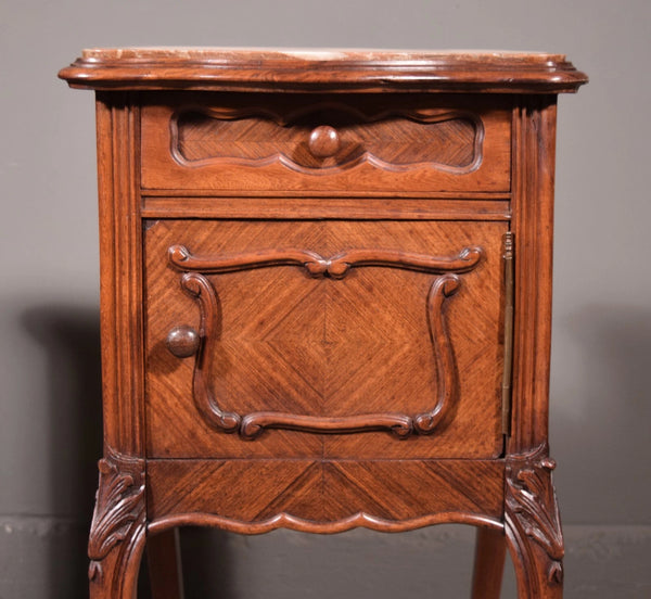 Pair of Antique French Louis XV Nightstands in Walnut with Marble Tops