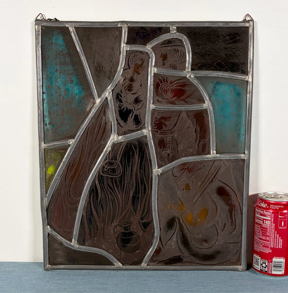 15" Tall Vintage Belgian/Flanders Stained/Leaded Glass Panel of Thyl and Nele